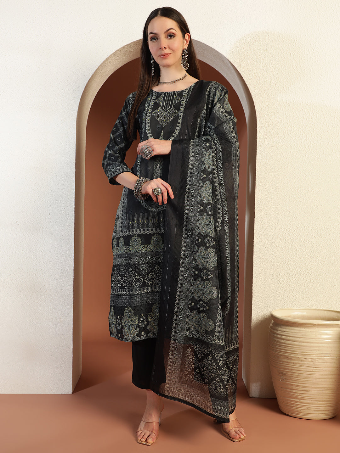 Chhaba 555 Black Printed & Mirror Work Embellished Straight Kurta With Solid Pant & Printed Dupatta