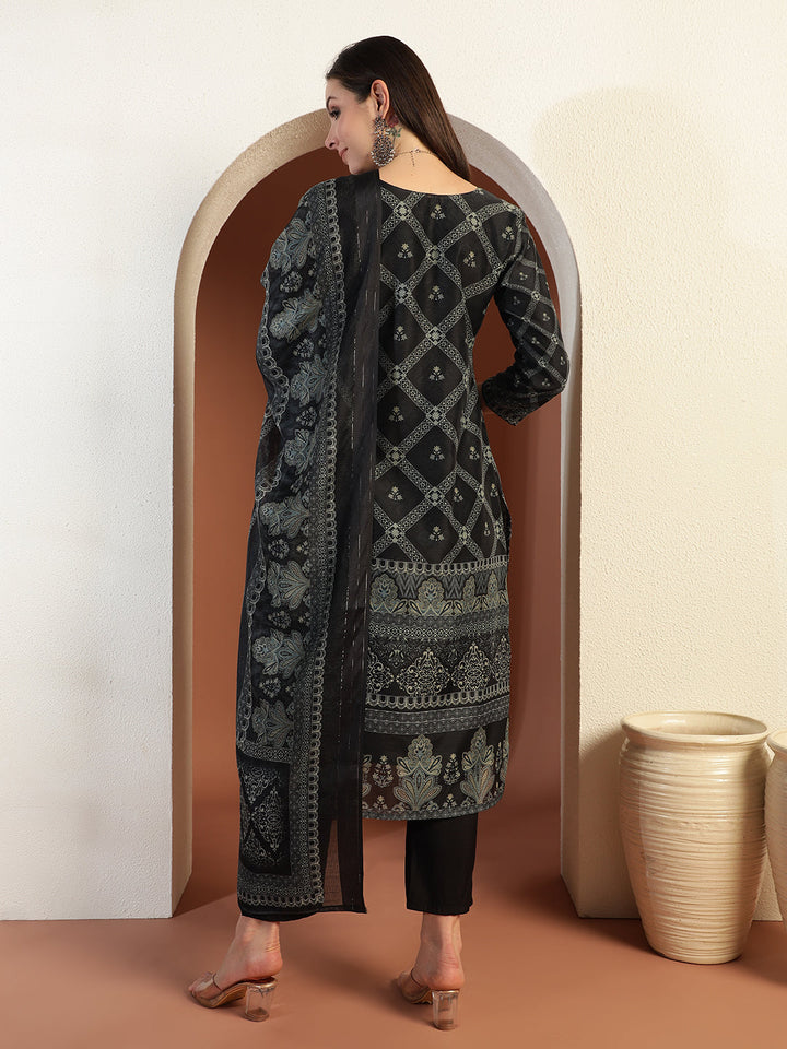 Chhaba 555 Black Printed & Mirror Work Embellished Straight Kurta With Solid Pant & Printed Dupatta
