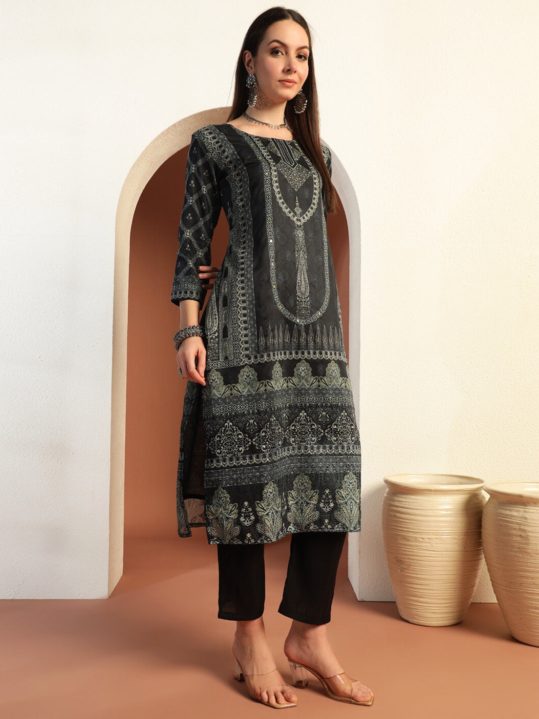 Chhaba 555 Black Printed & Mirror Work Embellished Straight Kurta With Solid Pant & Printed Dupatta