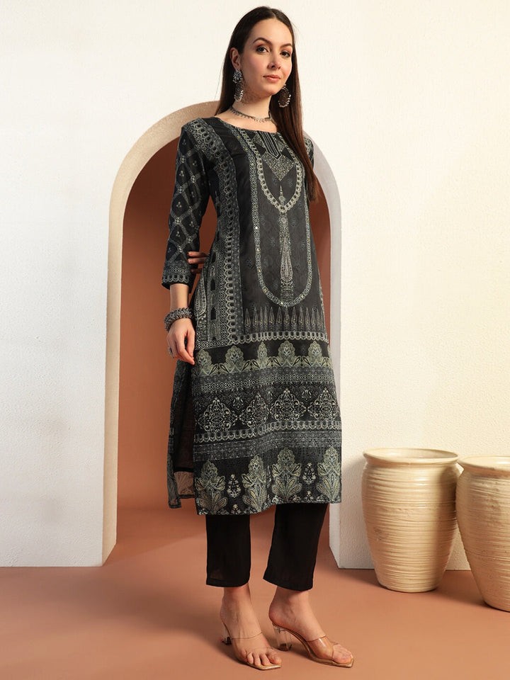 Chhaba 555 Black Printed & Mirror Work Embellished Straight Kurta With Solid Pant & Printed Dupatta