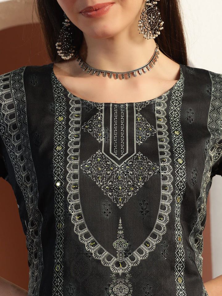 Chhaba 555 Black Printed & Mirror Work Embellished Straight Kurta With Solid Pant & Printed Dupatta
