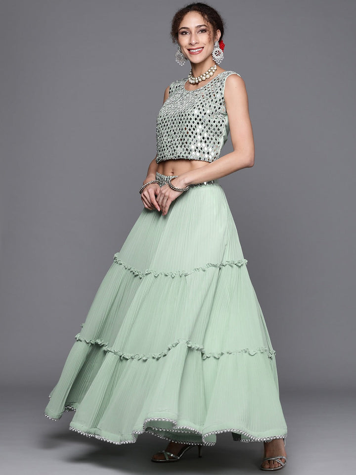 Made to Measure Pastel Mirror Work Embroidered Georgette Lehanga Choli Set With laces
