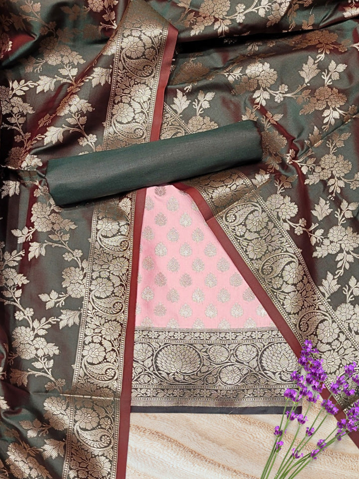 Chhabra 555 Banarasi Handloom Dress Material with Contrast Color Weaving & Floral Tasseled Dupatta