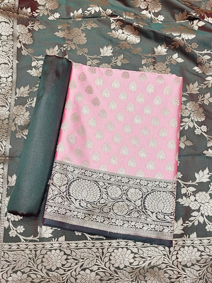 Banarasi Handloom Dress Material with Contrast Color Weaving & Floral Tasseled Dupatta