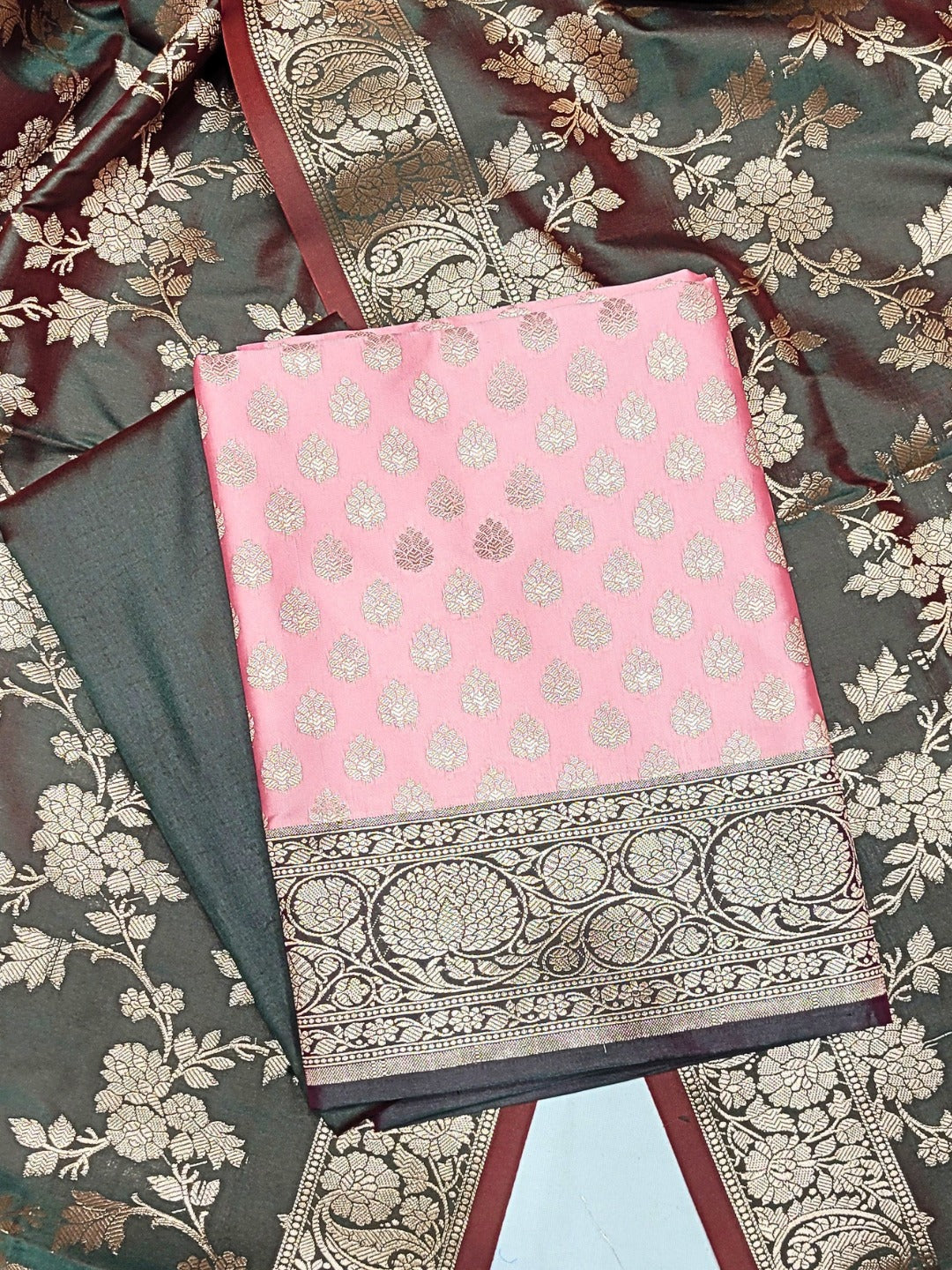 Banarasi Handloom Dress Material with Contrast Color Weaving & Floral Tasseled Dupatta