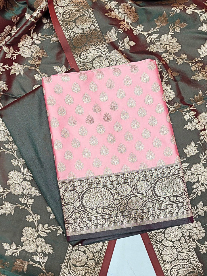 Banarasi Handloom Dress Material with Contrast Color Weaving & Floral Tasseled Dupatta