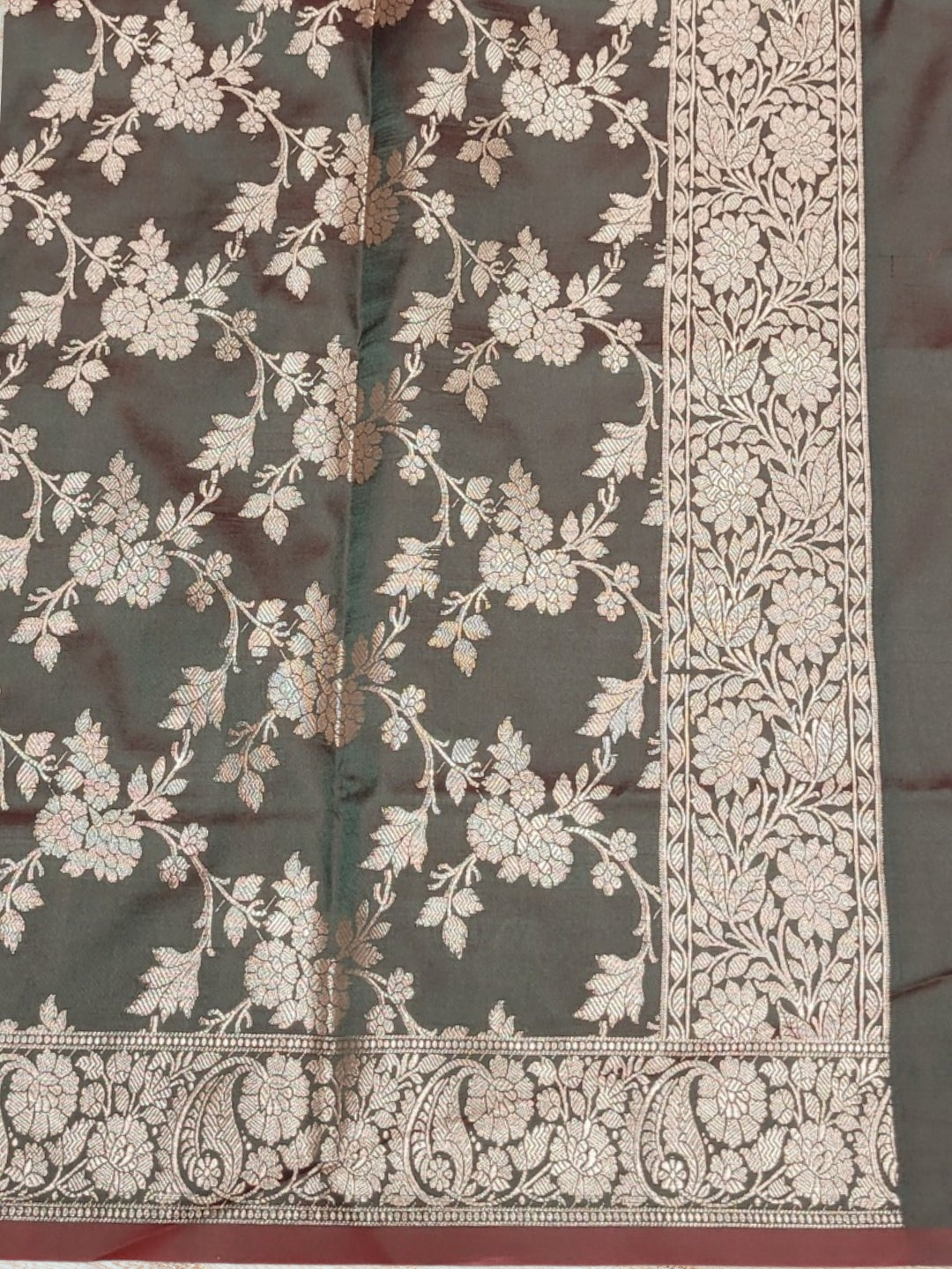 Banarasi Handloom Dress Material with Contrast Color Weaving & Floral Tasseled Dupatta