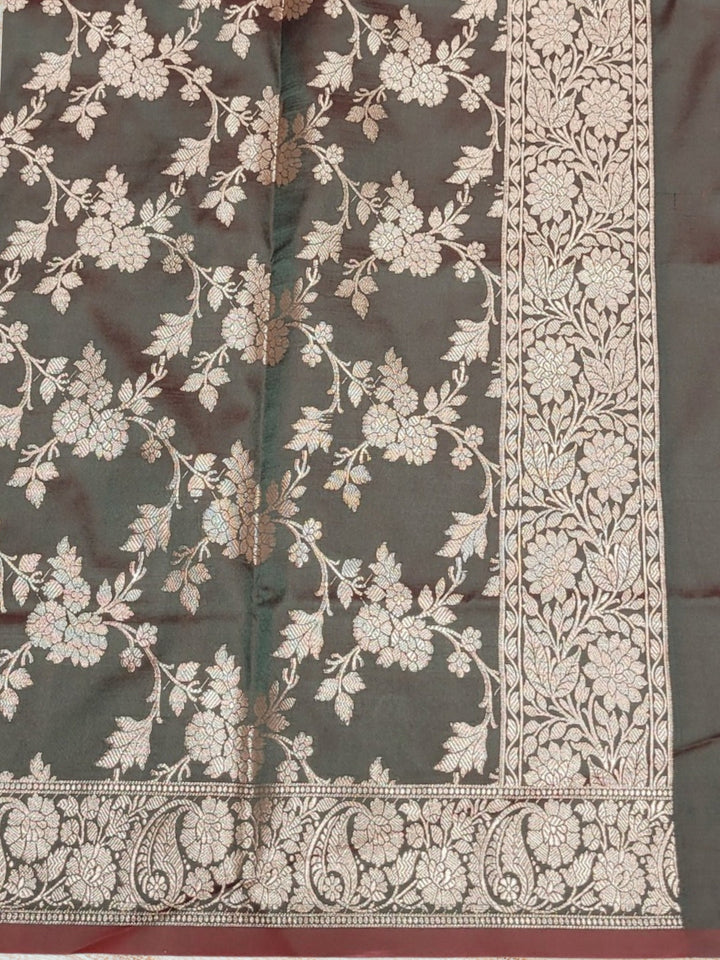 Banarasi Handloom Dress Material with Contrast Color Weaving & Floral Tasseled Dupatta