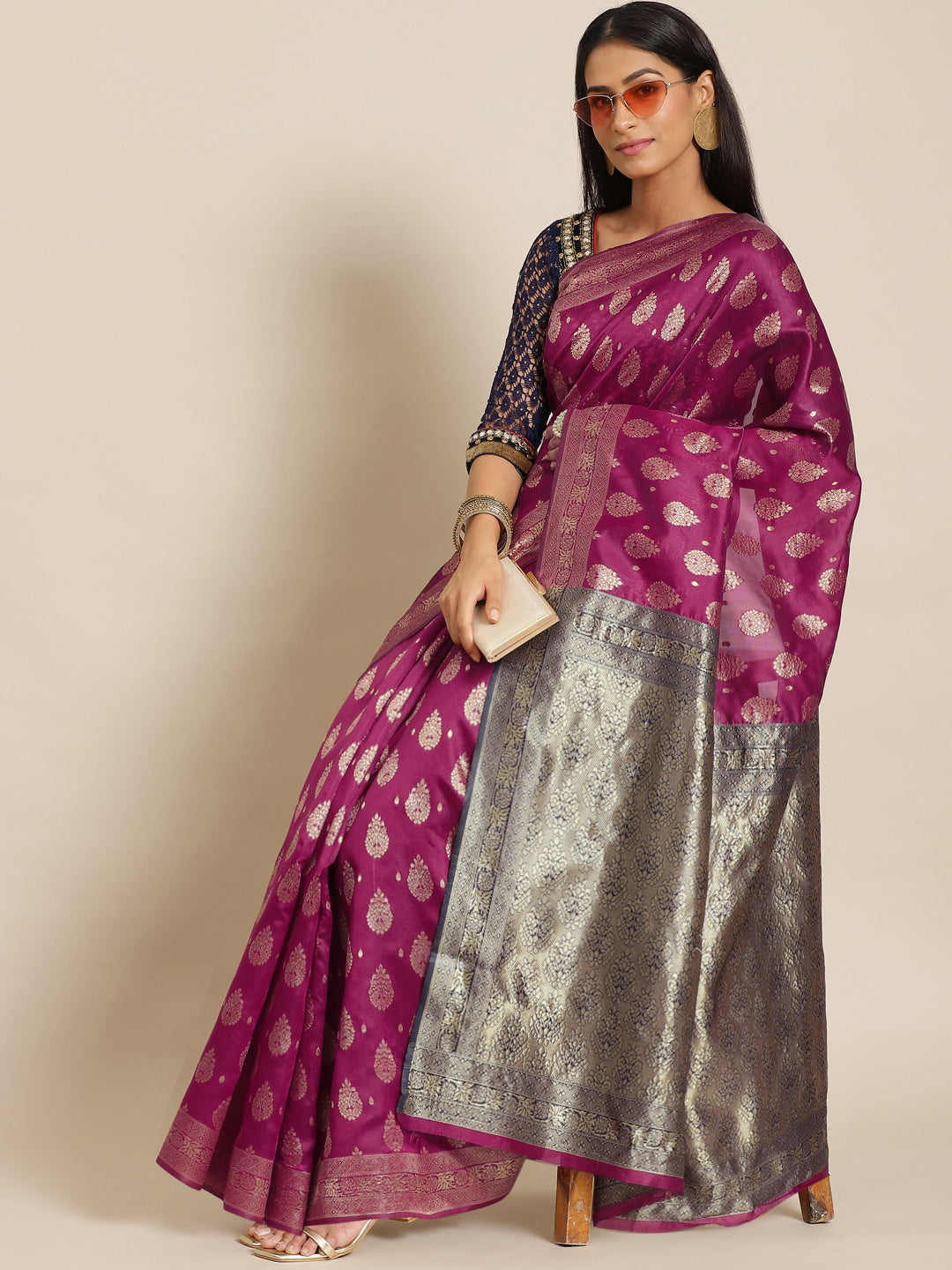 Burgundy Banarasi Silk Woven Saree With Contrast Pallu