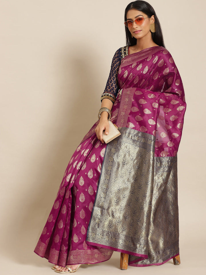 Burgundy Banarasi Silk Woven Saree With Contrast Pallu