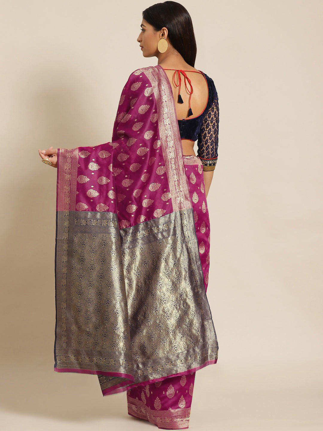 Burgundy Banarasi Silk Woven Saree With Contrast Pallu