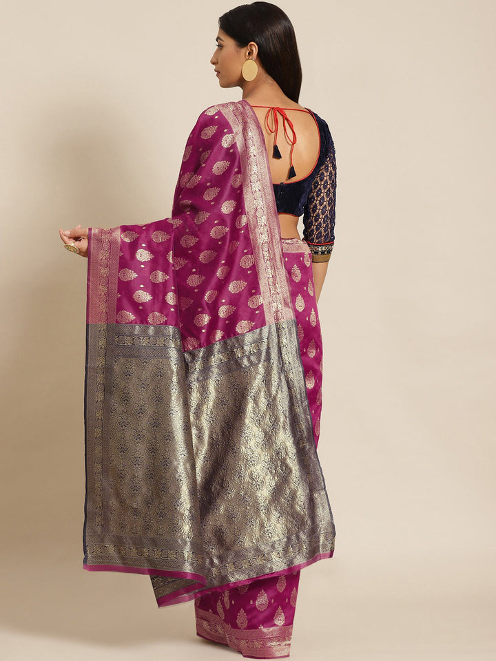 Burgundy Banarasi Silk Woven Saree With Contrast Pallu