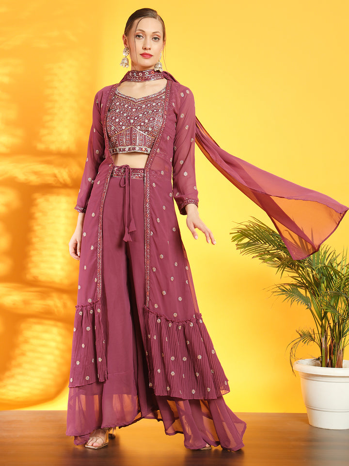 Dusty Pink Georgette Indo Western Set & Pleated Long Jacket