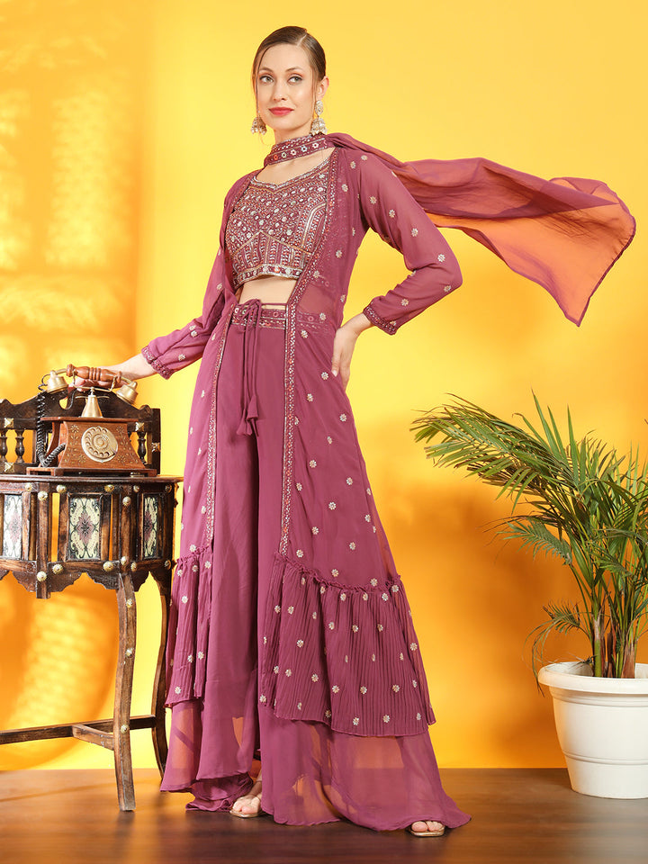Dusty Pink Georgette Indo Western Set & Pleated Long Jacket