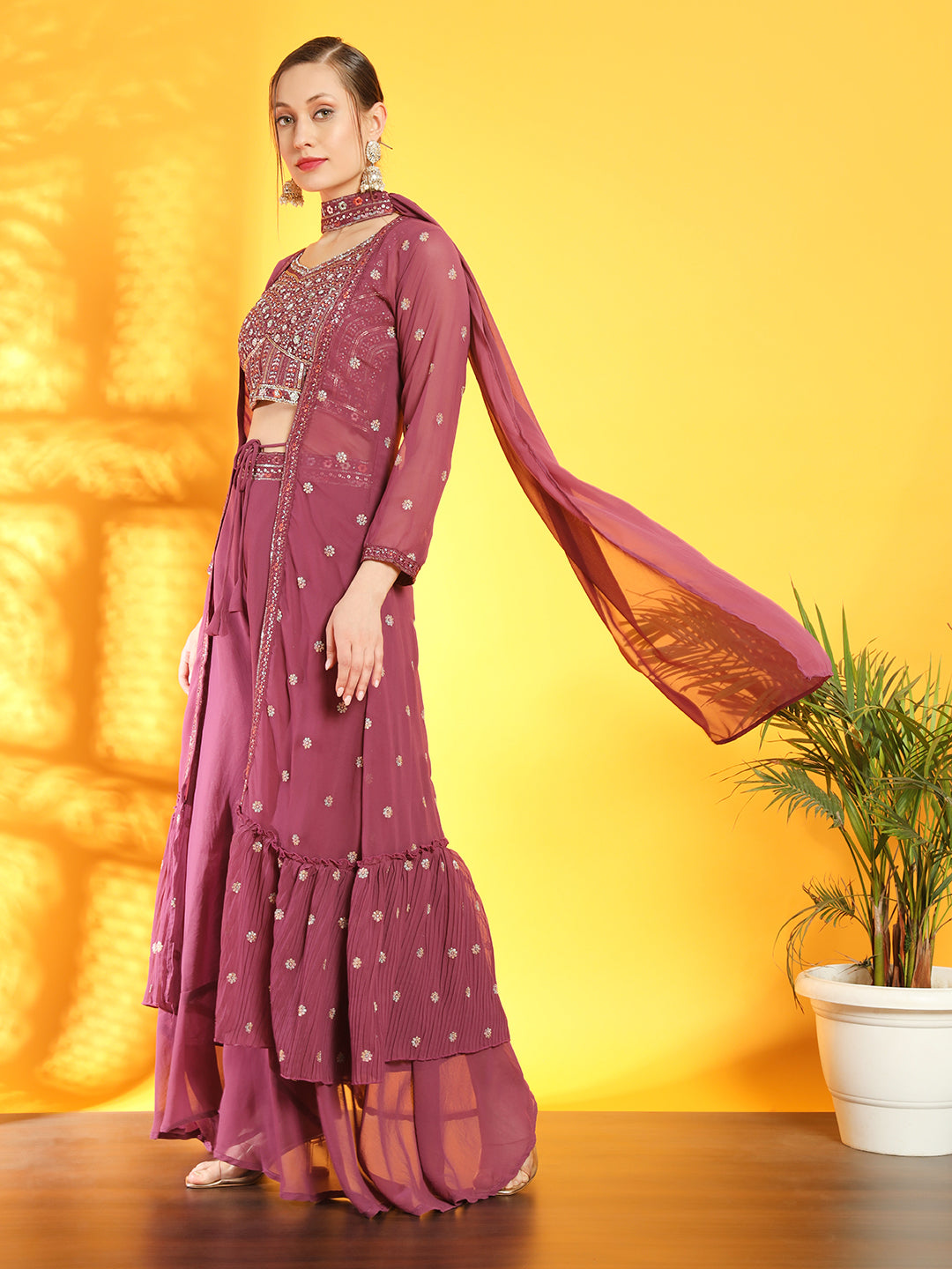 Dusty Pink Georgette Indo Western Set & Pleated Long Jacket