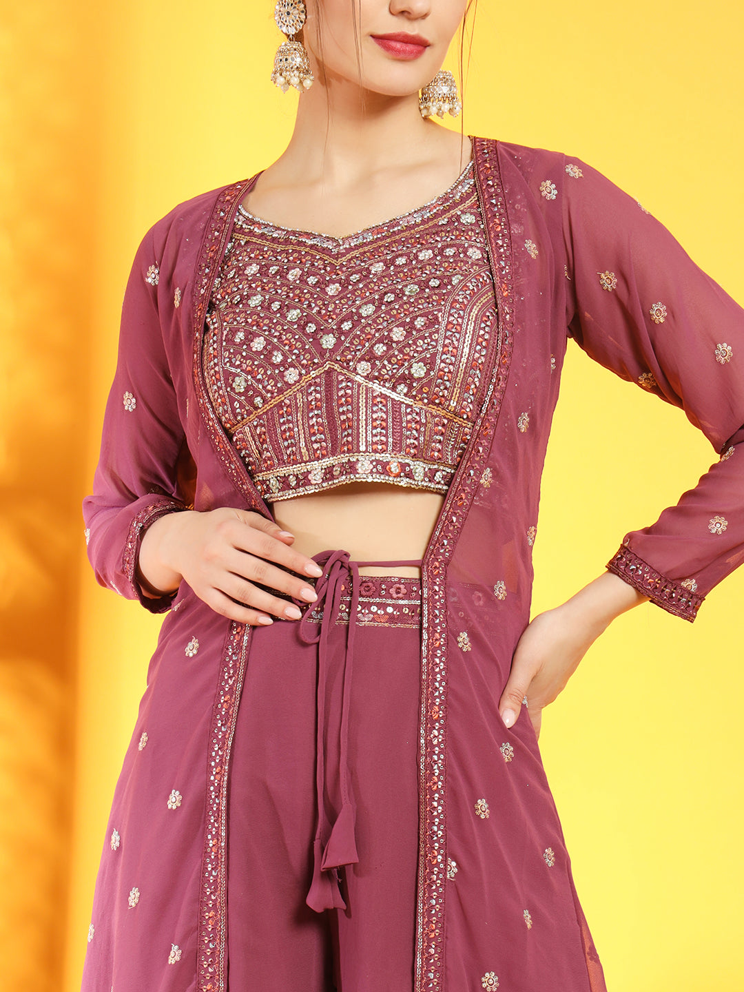 Dusty Pink Georgette Indo Western Set & Pleated Long Jacket