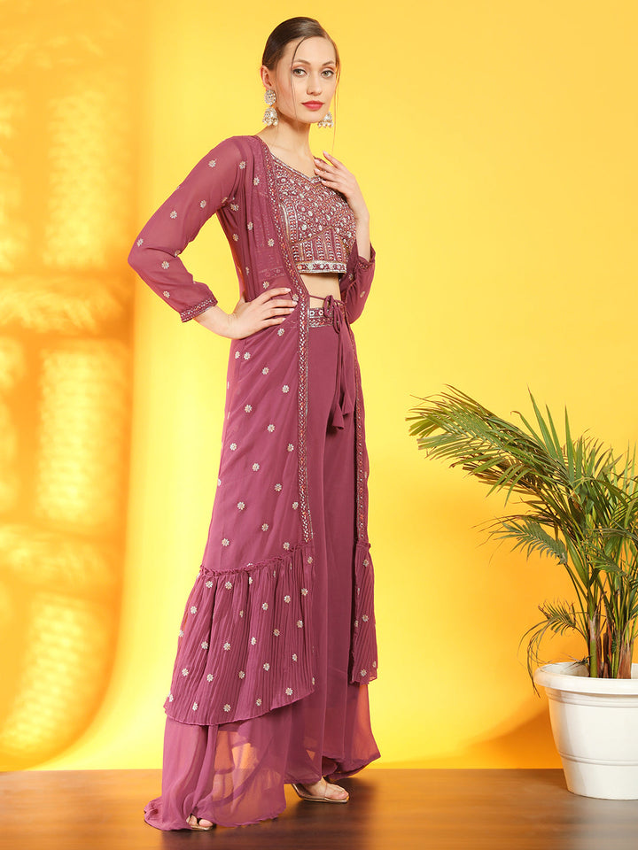 Dusty Pink Georgette Indo Western Set & Pleated Long Jacket