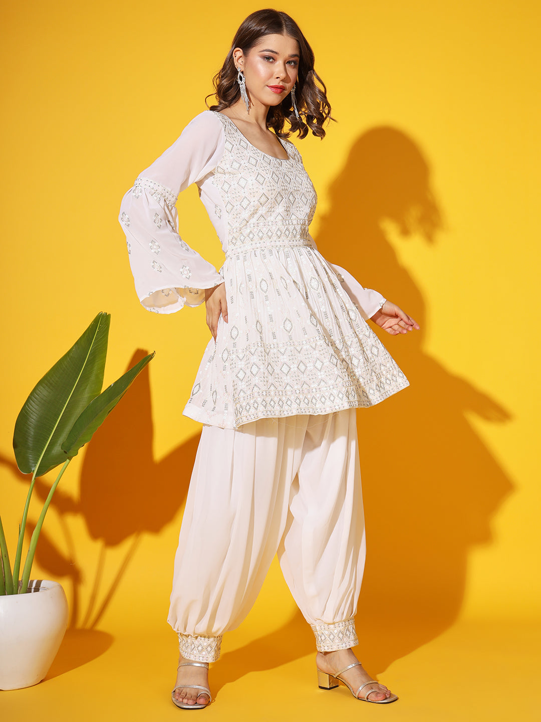 Peplum Resham Embroidered Kurta Set with Embellished Afghan Salwar