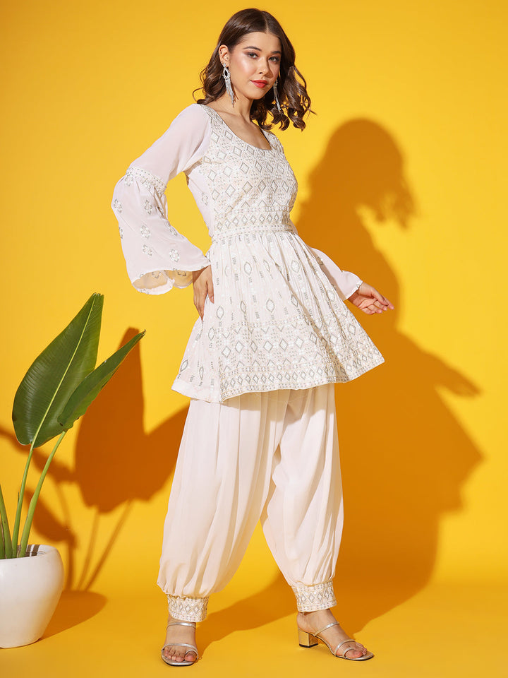 Peplum Resham Embroidered Kurta Set with Embellished Afghan Salwar