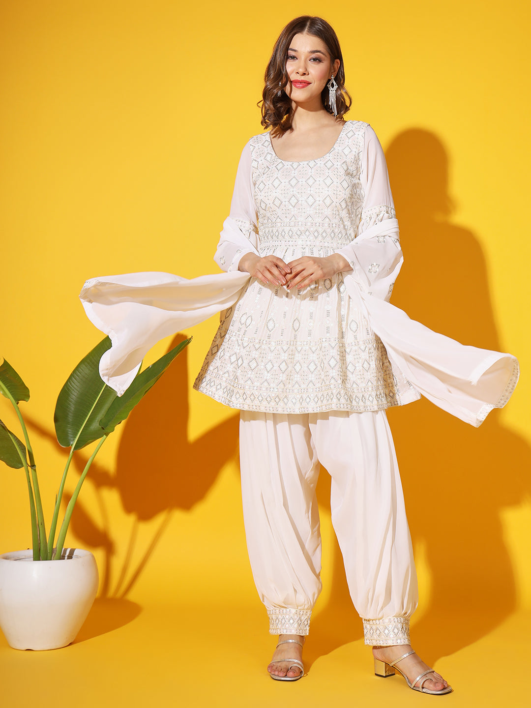 Peplum Resham Embroidered Kurta Set with Embellished Afghan Salwar