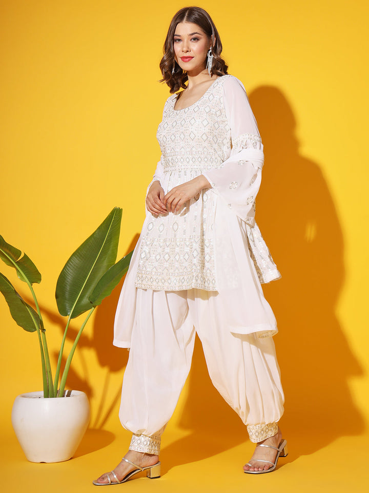 Peplum Resham Embroidered Kurta Set with Embellished Afghan Salwar