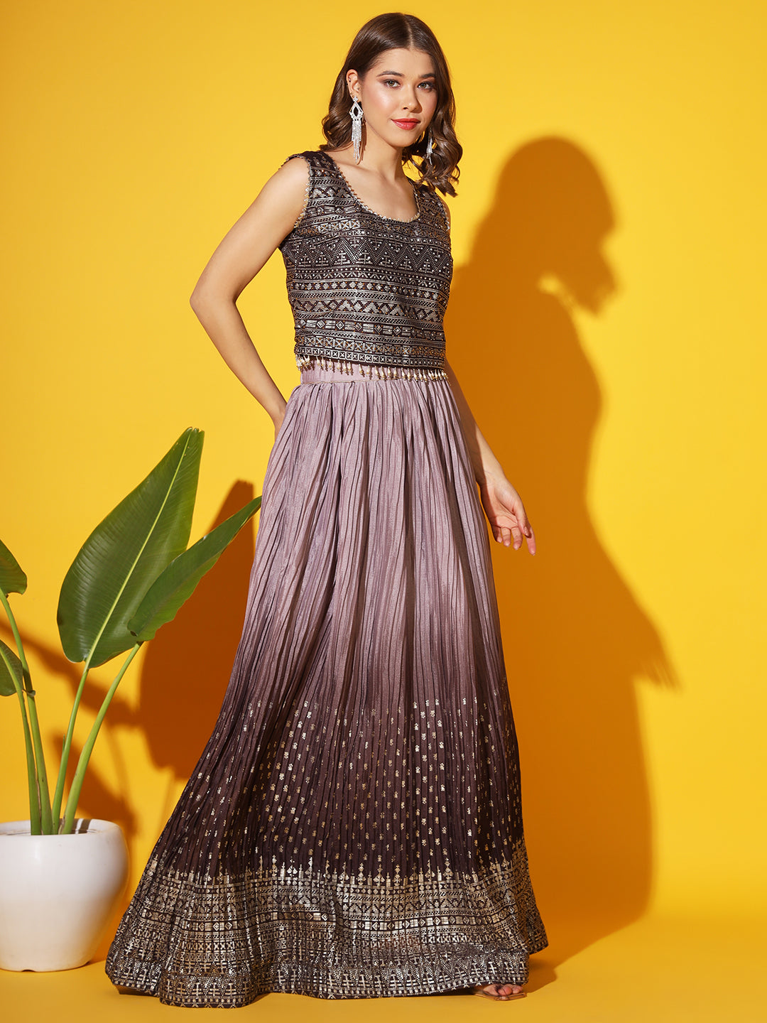 Embellished Crop Top Blouse with Ombre Pleated Lehenga & Net Dupatta