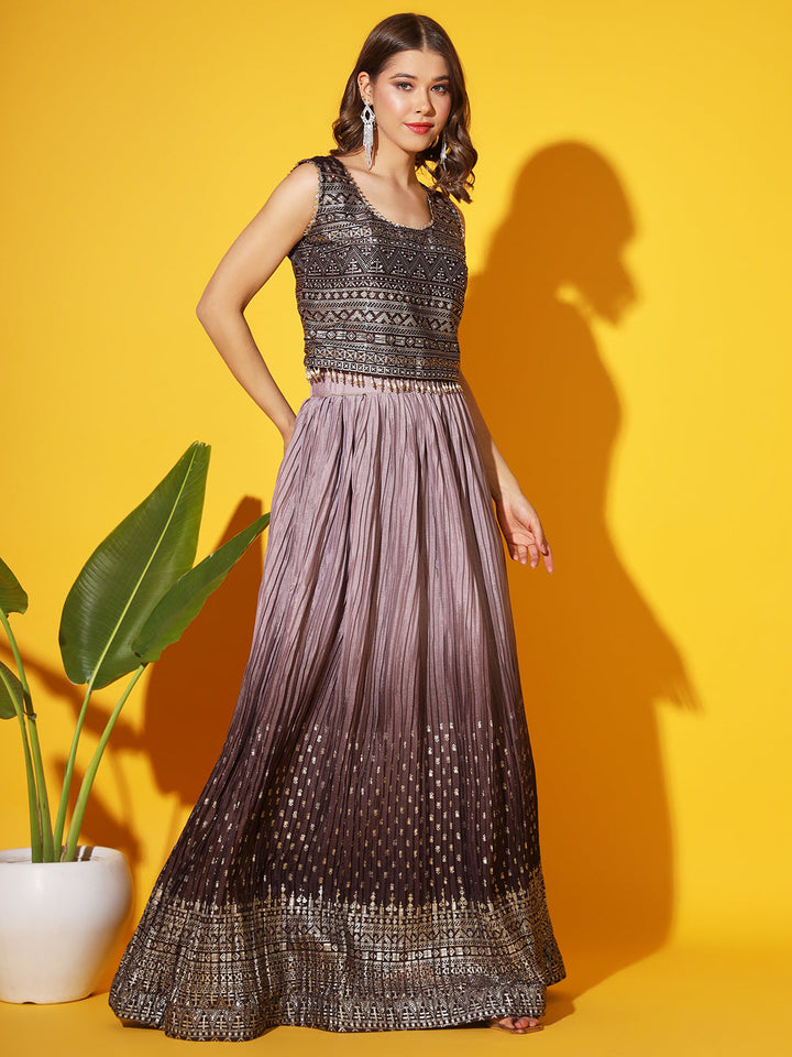 Embellished Crop Top Blouse with Ombre Pleated Lehenga & Net Dupatta