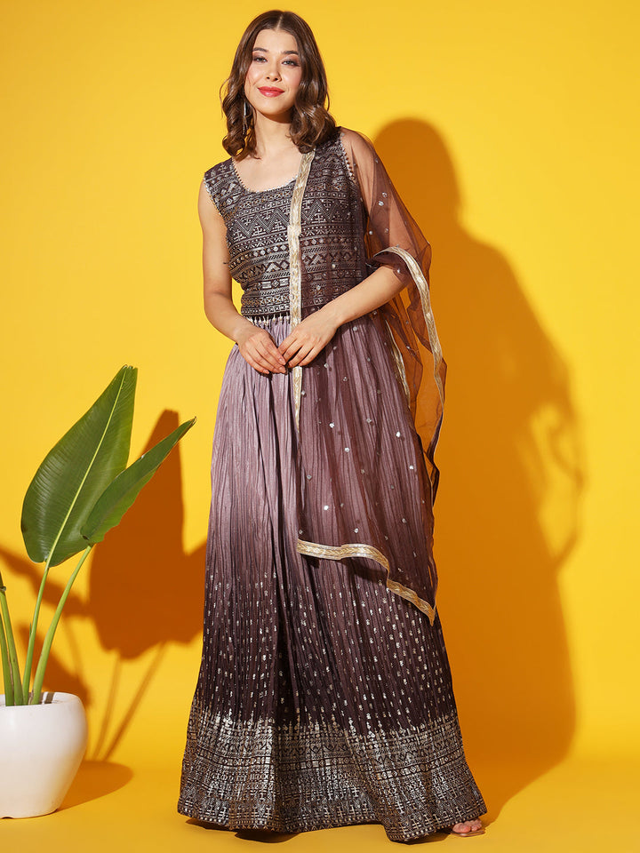 Embellished Crop Top Blouse with Ombre Pleated Lehenga & Net Dupatta