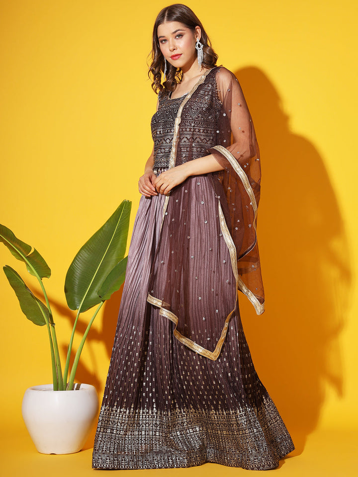 Embellished Crop Top Blouse with Ombre Pleated Lehenga & Net Dupatta