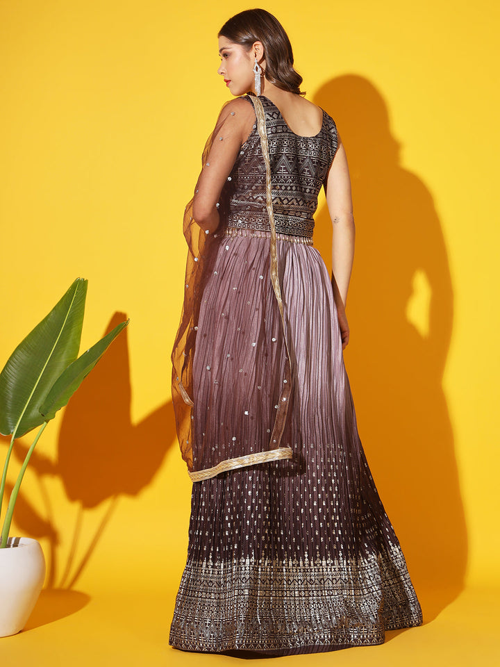 Embellished Crop Top Blouse with Ombre Pleated Lehenga & Net Dupatta