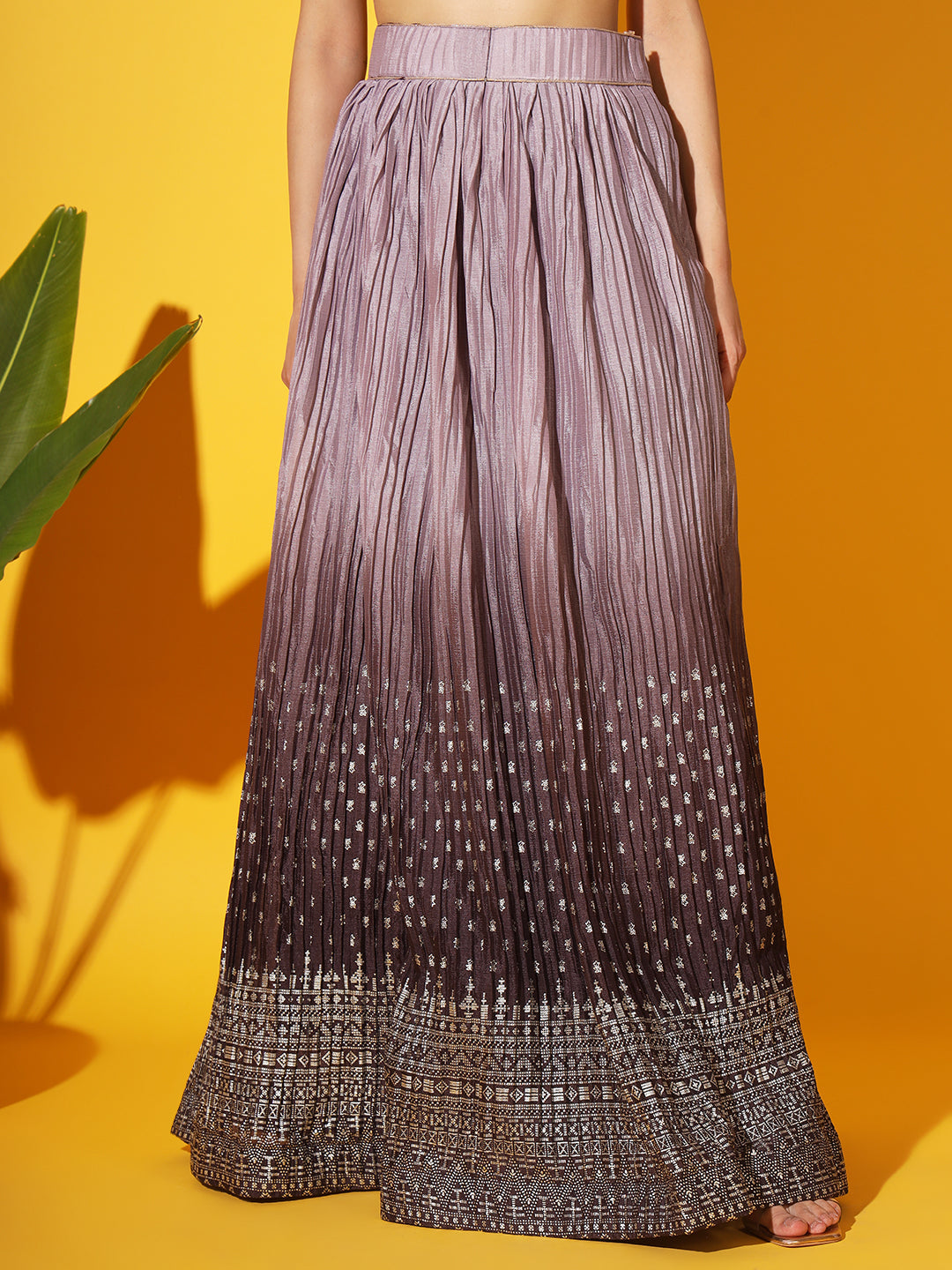 Embellished Crop Top Blouse with Ombre Pleated Lehenga & Net Dupatta