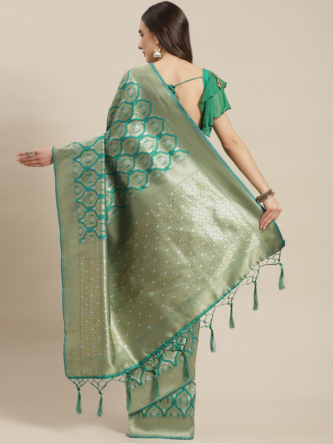 Green Traditional Banarasi saree with Gold & Silver Zari Mughal motifs