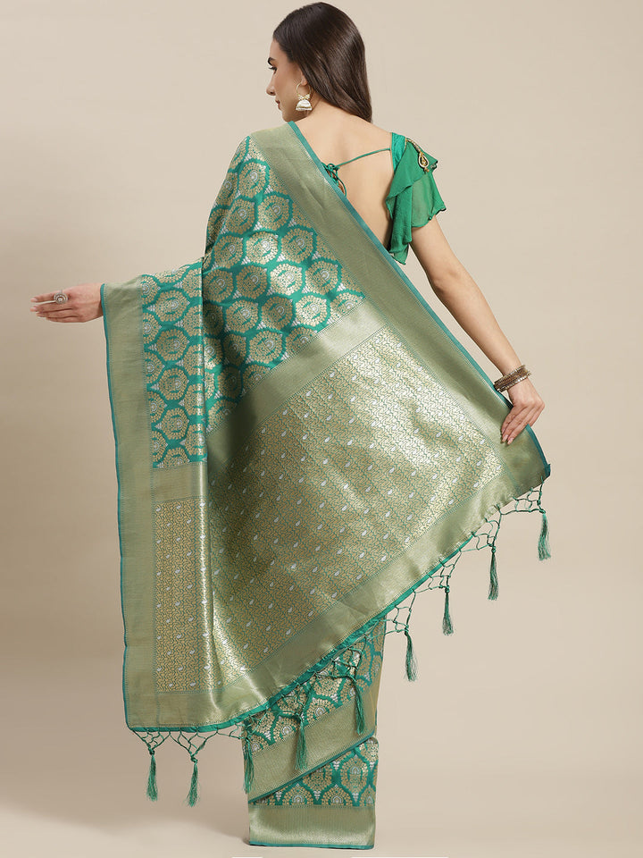 Green Traditional Banarasi saree with Gold & Silver Zari Mughal motifs