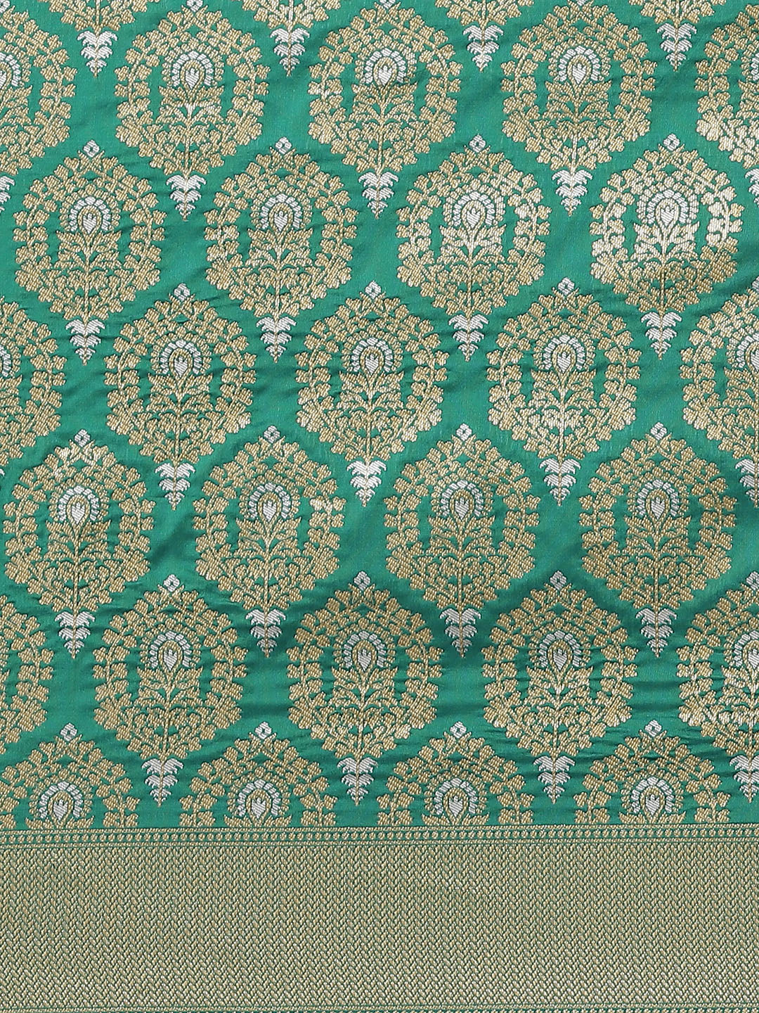 Green Traditional Banarasi saree with Gold & Silver Zari Mughal motifs