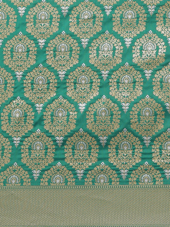 Green Traditional Banarasi saree with Gold & Silver Zari Mughal motifs