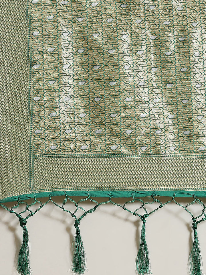 Green Traditional Banarasi saree with Gold & Silver Zari Mughal motifs