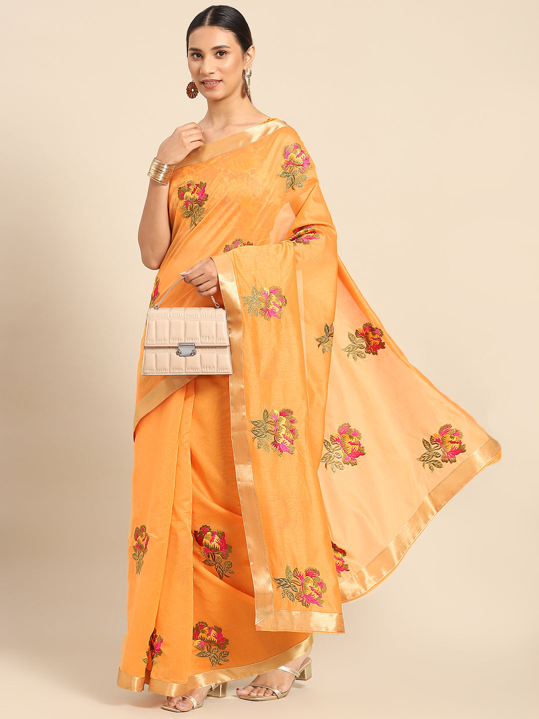Orange Mustard Floral Resham Thread Embroidery Cotton Tussar Saree