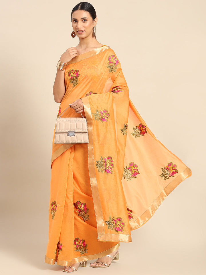 Orange Mustard Floral Resham Thread Embroidery Cotton Tussar Saree