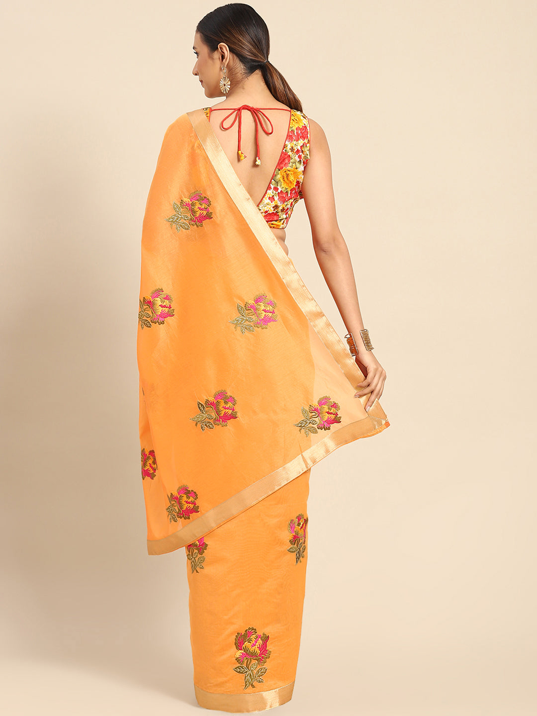 Orange Mustard Floral Resham Thread Embroidery Cotton Tussar Saree
