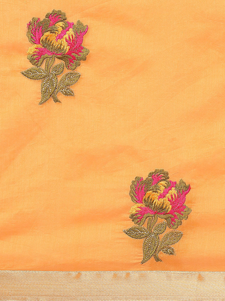 Orange Mustard Floral Resham Thread Embroidery Cotton Tussar Saree