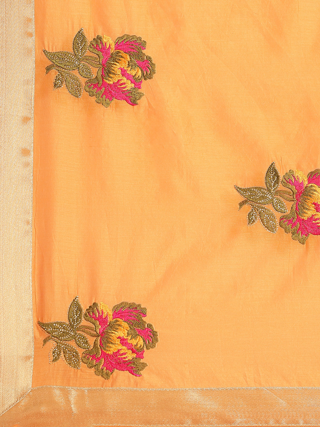 Orange Mustard Floral Resham Thread Embroidery Cotton Tussar Saree