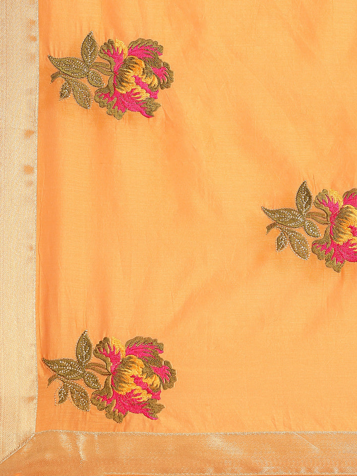 Orange Mustard Floral Resham Thread Embroidery Cotton Tussar Saree
