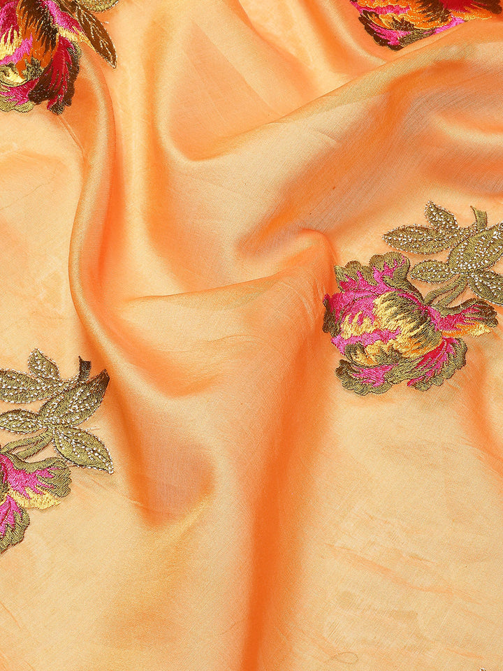 Orange Mustard Floral Resham Thread Embroidery Cotton Tussar Saree