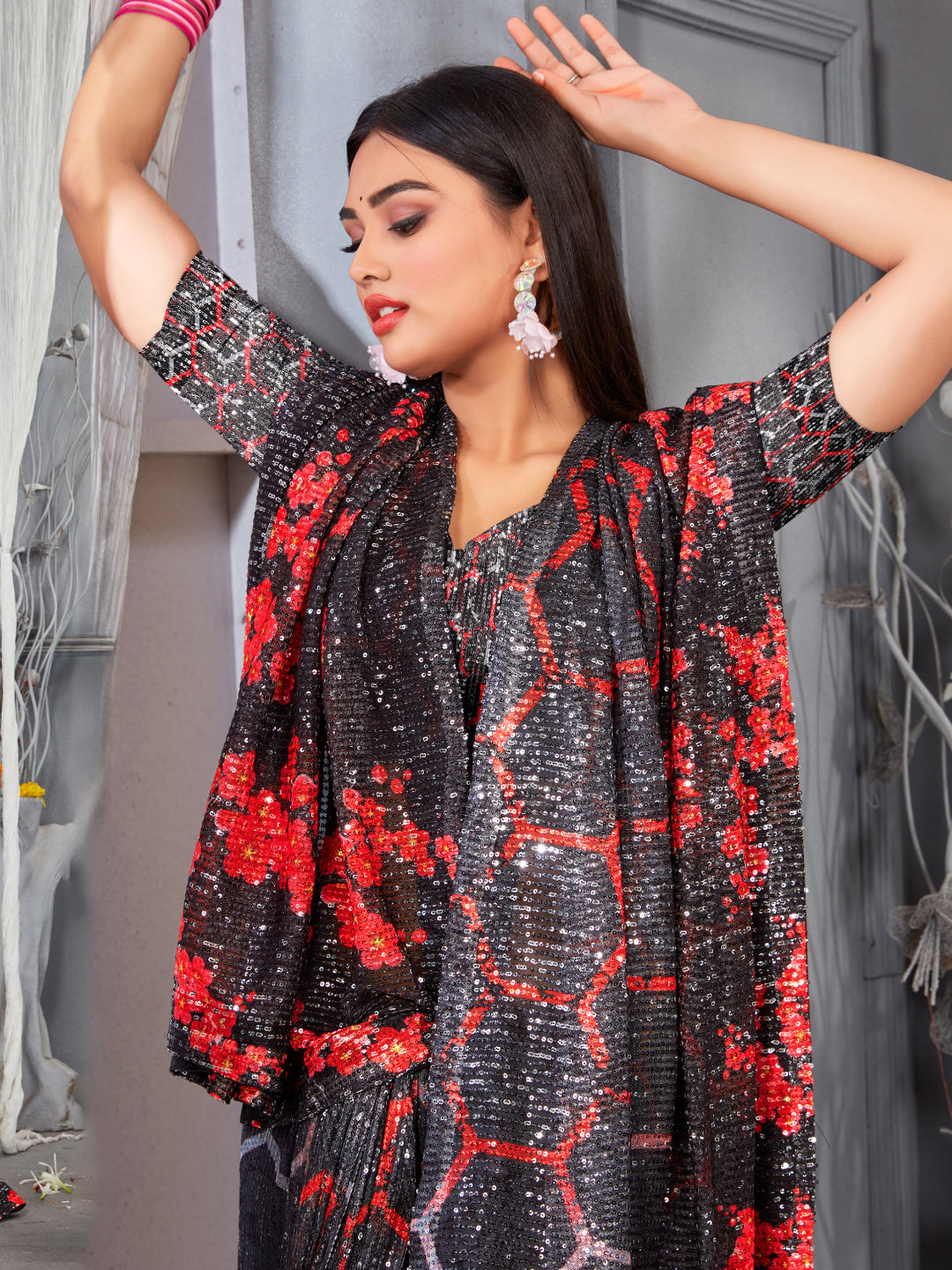 Sequin Cocktail Saree with Digital Print Honeycomb Pattern