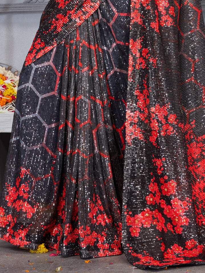 Sequin Cocktail Saree with Digital Print Honeycomb Pattern