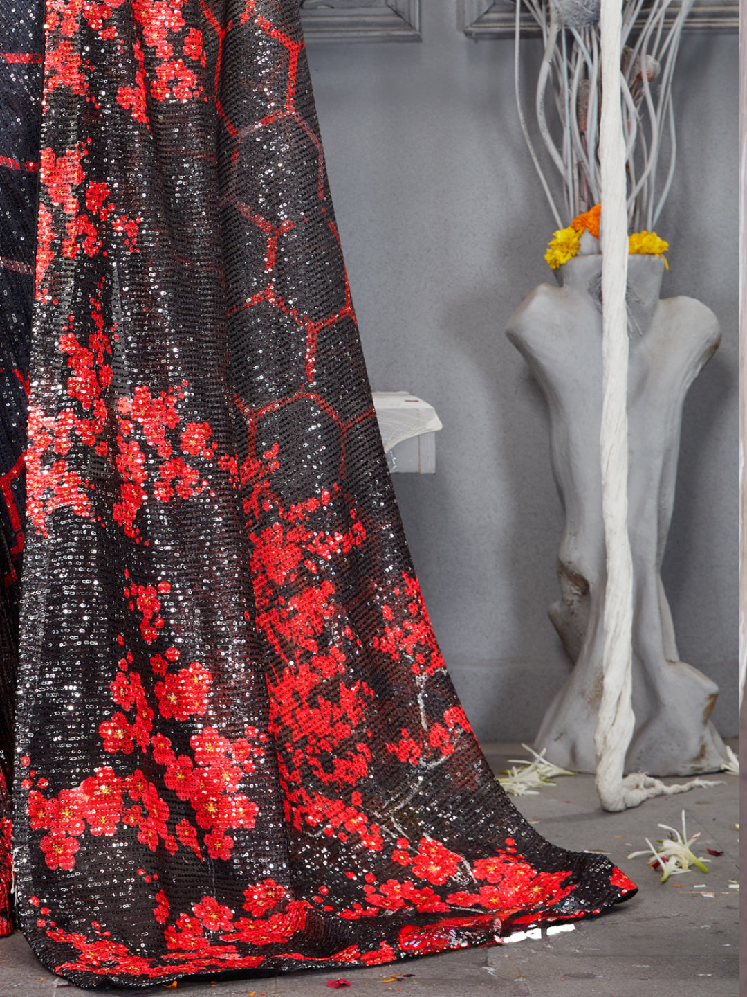 Sequin Cocktail Saree with Digital Print Honeycomb Pattern