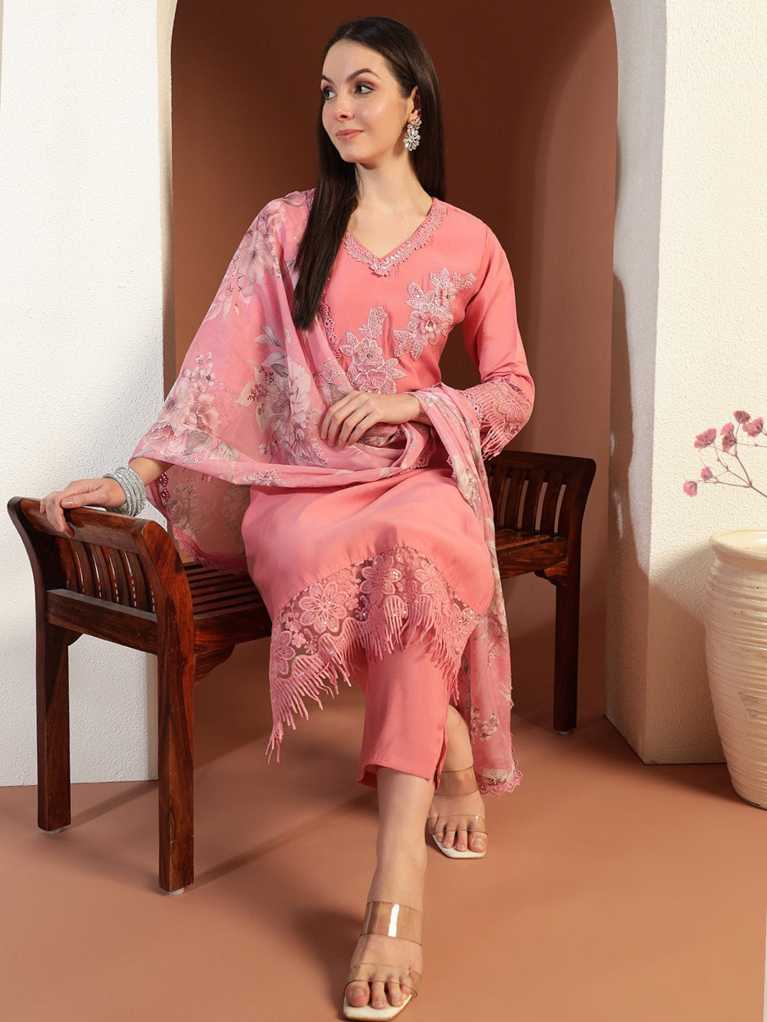 Chhabra 555 Applique Resham Embroidered Kurta Set with Schiffli Border Digital Floral Print Dupatta