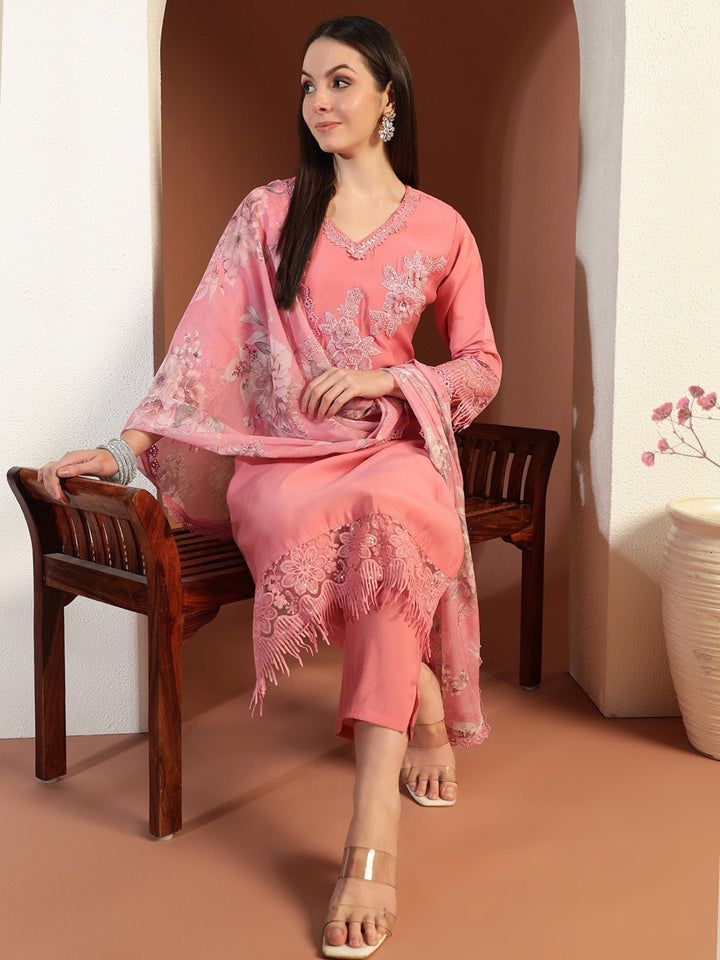 Chhabra 555 Applique Resham Embroidered Kurta Set with Schiffli Border Digital Floral Print Dupatta