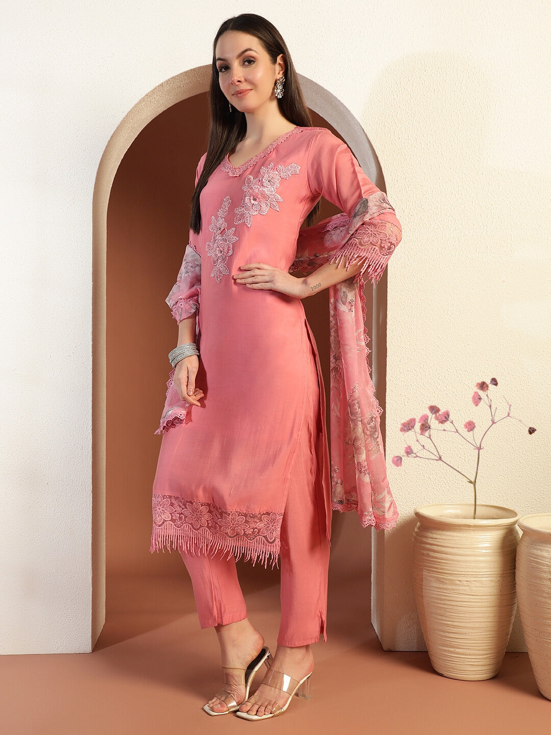 Applique Resham Embroidered Kurta Set with Schiffli Border Digital Floral Print Dupatta
