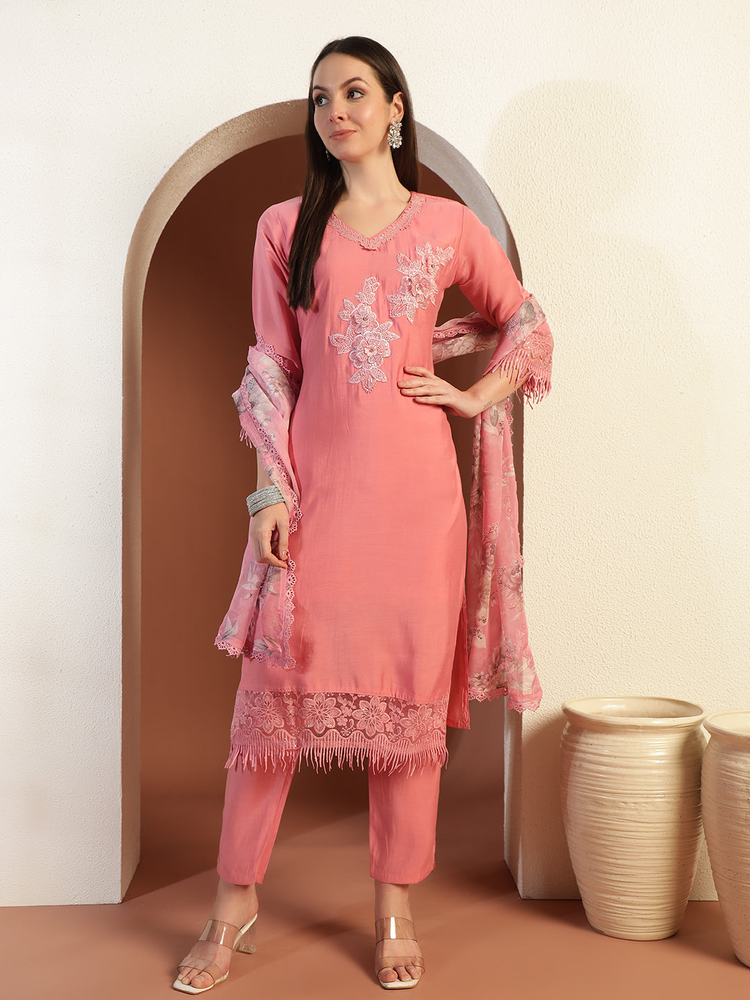 Applique Resham Embroidered Kurta Set with Schiffli Border Digital Floral Print Dupatta